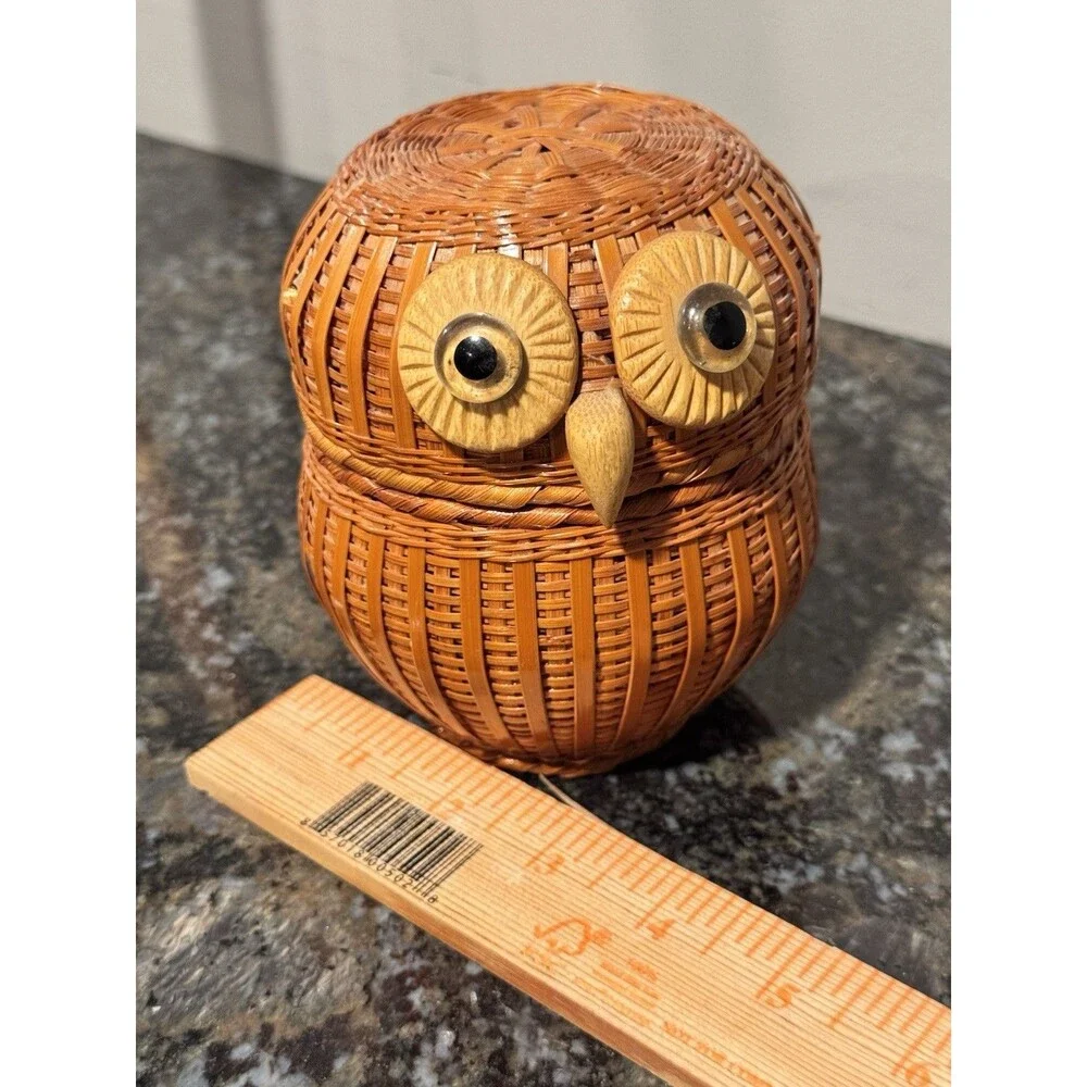 Vintage Shanghai Handicrafts Wicker Owl Lidded Basket Trinket Box Boho PRC.